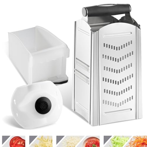 Börner Combi Chef Vierkantreibe • Edelstahl Reibe mit Auffangbehälter • Ideal als Parmesan Reibe, Gemüse Hobel, Zester Reibe & mehr • 4 verschiedene Schnittarten • Küchenreibe mit Schale