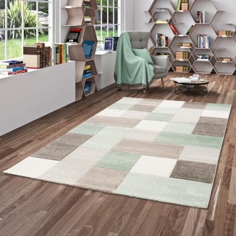 Maui Designer Teppich Pastell Grün Beige Karo in 4 Größen