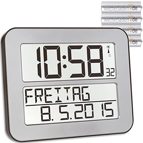 TFA Dostmann Timeline Max Funkuhr, Wanduhr, digital, mit Wochentag und Weckfunktion
