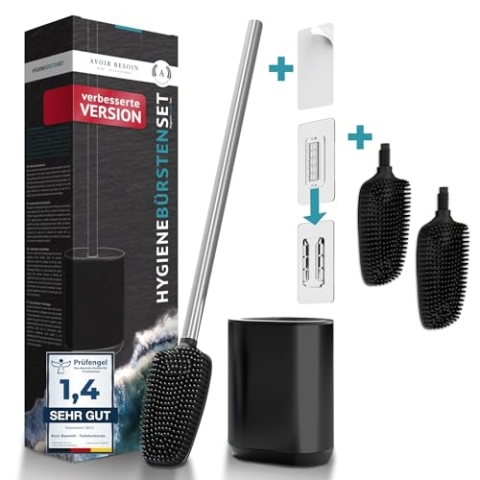 AVOIR BESOIN Premium Klobürste Toilettenbürste Set Silikon schwarz mit Lotus Effekt Wandmontage ohne Bohren | Klobesen WC Bürste Bürstenhalter | robust & haltbar