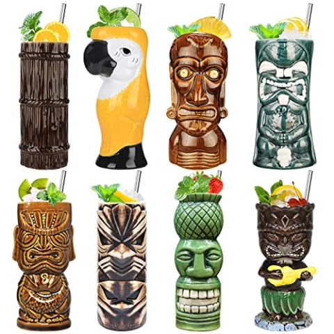 SuproBarware Tiki-Becher-Set, 8-teiliges Cocktailgläser-Set Bunte Keramik-Cocktailbecher Hawaiianische Party-Dekoration für exotische Partys