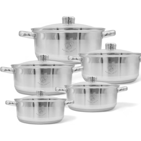 ROYAL SWISS Kochtopfset Edelstahl, Großes Kochgeschirr Induktion Kochtopfset Töpfe mit Glasdeckel und Stielkasserolle 10-teiliges Topfset für alle Herdarten geeignet Induktionstopfset (Hellblau) (10)
