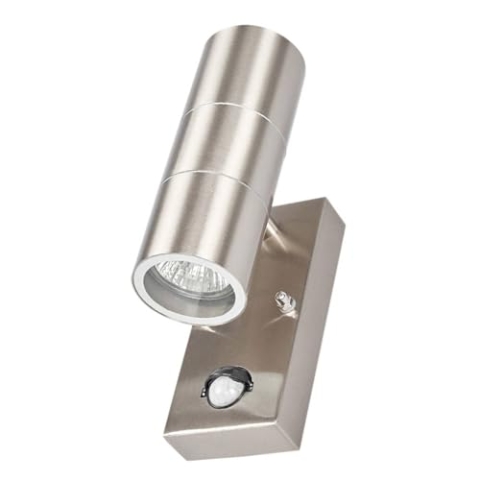 Lindby Wandleuchte außen Eyrin mit Bewegungsmelder (spritzwassergeschützt (Modern) in Alu aus Edelstahl (2 flammig, GU10) - Wandlampe für Außenwand/Hauswand Haus Terrasse und Balkon Licht nach oben