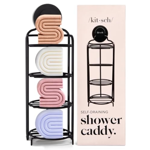 Kitsch Selbstentleerender Duschkorb – Badezimmer-Dusch-Organizer mit Saugnapf | Rostfreies Duschregal & Bar-Seifenhalter für Dusche | Seifenschale für Dusche | Bar-Seifenhalter für Dusche (schwarz)
