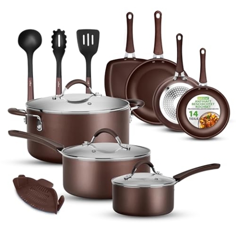 Nutrichef Pfannen & Induktions Töpfe Set, 14-Teiliges Pfannenset & Topfset Induktion,Töpfe & Pfannen mit Cool-touch Griffen PFOA/PFOS-frei – Non Stick – Aluminium mit Edelstahl Kanten – ofenfest