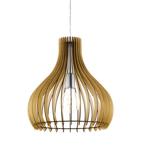EGLO Pendelleuchte Tindori, 1 flammige Hängelampe Vintage, Hängeleuchte aus Stahl und Holz in Nickel-Matt, Ahorn, Esstischlampe, Wohnzimmerlampe hängend mit E27 Fassung, Ø 38 cm