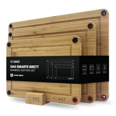 REDSALT® innovatives Bio Bambus Holz Schneidebrett 3er Set rutschfest | 38x26 32x22 26x18cm Holzbretter beidseitig verwendbar antibakteriell tiefe Saftrille | FSC zertifizierte premium