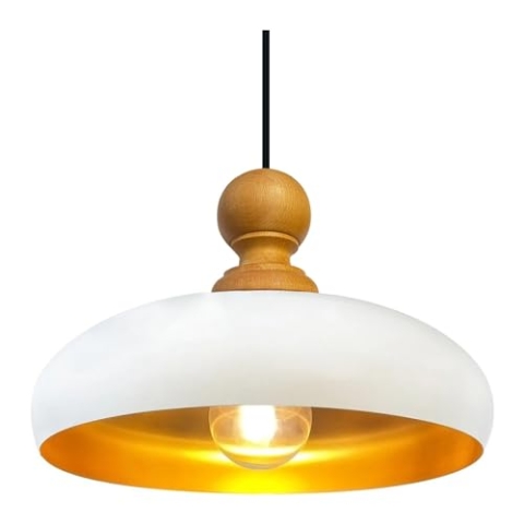 bamyum Androa Deckenlampe Holz Weiß Ø40 cm Lampe 1-flammig Hängelampe Industrial aus Metall, Deckenleuchte Innen Metall Industrielampe Vintage, Pendelleuchte Esstisch Wohnzimmer Küchenlampe Vintage