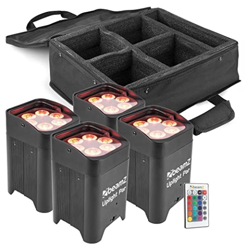 BeamZ BBP96 Akku LED Strahler Uplight 4er Set mit Tasche, IP20, Par LED Spot mit Wireless DMX, Bühnenbeleuchtung Set, Discolicht, Lichteffekte, Fernbedienung, Soundmodus, In- und Outdoor