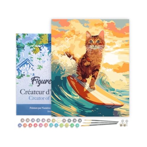 Figured'Art Malen Nach Zahlen Erwachsene Mit Rahmen Surfende Katze - Paint by Numbers Basteln DIY Bastelset 40x50cm - Leinwand gespannt auf Holzrahmen