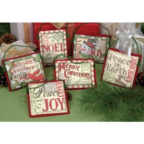Dimensions – Kreuzstich-Set mit Zahlenangaben – Christmas Sayings Ornaments – 08827 – Handarbeit für Erwachsene – Aida-Stoff (Fadenzahl 14) –6er-Set