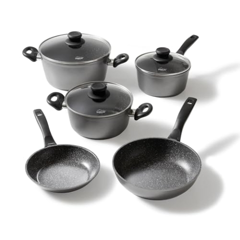 STONELINE Topfset Induktion, 8-teiliges Topfset mit Deckel, Kochtopf Set beschichtet mit echten Steinpartikeln, Aluguss Töpfe und Pfannen geeignet für alle Herdarten