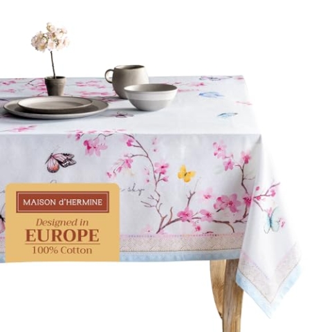 Maison d' Hermine Tischdecke, 100% Baumwolle 140cm x 180cm waschbare, quadratische Tischdecke, dekorative Oster-Tischdecke für Essen, Buffetpartys und Camping, Blossoms In Spring – Frühling/Sommer