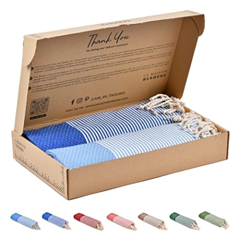 Tadussi ® Strandtuch Saunahandtuch Fouta XXL [2er Set] Ideal als Hamamtuch Saunatuch Stranddecke für Damen & Herren - Groß 100x200-100% Baumwolle in Marineblau & Hellblau
