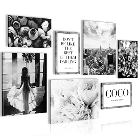 Novart Wandbilder Fashion Coco New York - KOMPLETT AUFHÄNGFERTIG - Schwarz Weiss Wohnzimmer Mädchen Teenager - 7 Moderne Mood-Bilder - N016271b