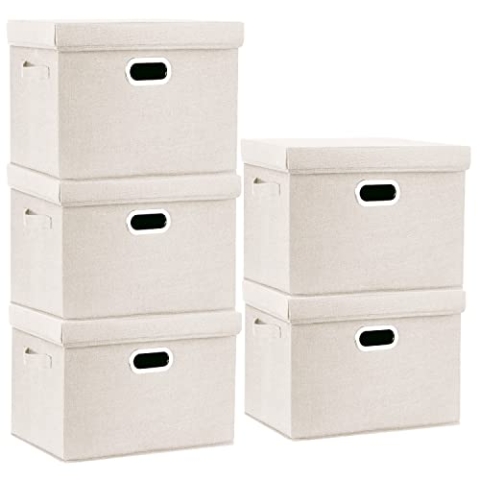 TYEERS Aufbewahrungsbox mit Deckel Groß, Stoff, Faltbare, Waschbare, Kisten Aufbewahrung mit Deckel, 44x30x29 cm, 5-Stück, Beige