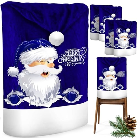 KESSER® Premium Weihnachtsstuhlüberzug 4er Set Stuhlhussen für Weihnachten Nikolausmütze Stuhlbezug Husse Weihnachtsdeko für Stühle Überzieher - Stuhlabdeckung im weihnachtlichen Design
