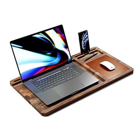 lula Laptop Unterlage aus Akazienholz - Mit Großem Leder Mauspad und Praktischer Halterung für Notebook, Tablet und Telefon; Portable Laptop Tisch für Sofa im Home Office oder als Betttisch im Bett