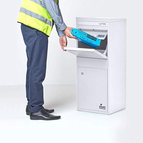 SMART PARCEL BOX Paketbox draußen, Standbriefkasten mit Paketfach, Paketbriefkasten XXL, große Postbox für Pakete Outdoor, Paketkasten Entnahme hinten & vorne, rostfrei, verzinkter Stahl, weiß