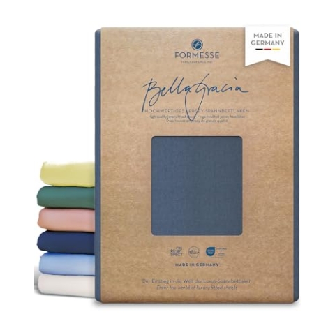 Formesse – Bella Gracia Jersey Spannbettlaken 200x220-200x240cm - bis 25cm Höhe - 97% Baumwoll-Kompaktgarn/Spannbetttuch aus Deutschland/Baumwoll Bettlaken mit Elastan - Farbe Blaugrau