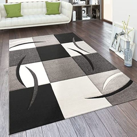 Paco Home Teppich Wohnzimmer Kurzflor Schlafzimmer Modern Geometrisches Muster Kariert Meliert, Grösse:80x300 cm, Farbe:Schwarz Weiß