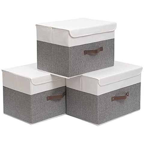 OUTBROS Aufbewahrungskörbe mit Deckel, 45 x 30 x 30 cm,3 Stück regalkörbe, Aufbewahrungsboxe, stoffboxen aufbewahrung für Kleidung,Grau/Weiß ST02WGL3
