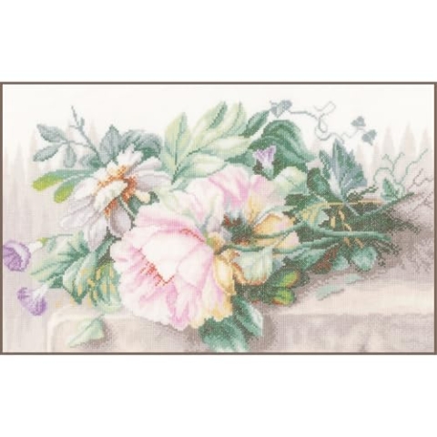 Lanarte Kreuzstich Stickpackungen Gezählter Kreuzstichbilder Set STILLEBEN MIT BLUMEN Wanddekoration Handarbeit Set für Erwachsene 39 x 26 cm DIY Deko Bastelset Handwerker Kreative Geschenkset