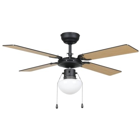 EGLO Deckenventilator Fortaleza, 4 Flügel Ventilator mit Zugkette, Beleuchtung und Sommer Winter Betrieb, Holz, Stahl in schwarz matt und Glas in Weiß, AC Motor, Ø 106,6cm