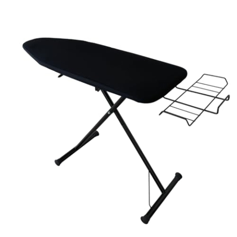 Bügelbrett, platzsparend, zusammenklappbar und verstellbar, aus schwarzem Stahl, Total Black, große Fläche 120 x 45 cm, mit Halterung für Bügeleisen und Kessel