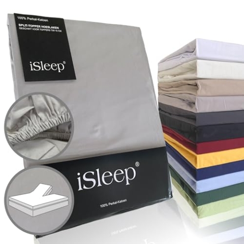 iSleep Split Topper Spannbettlaken Perkal 100% Baumwolle (Silber, 180x200 cm)