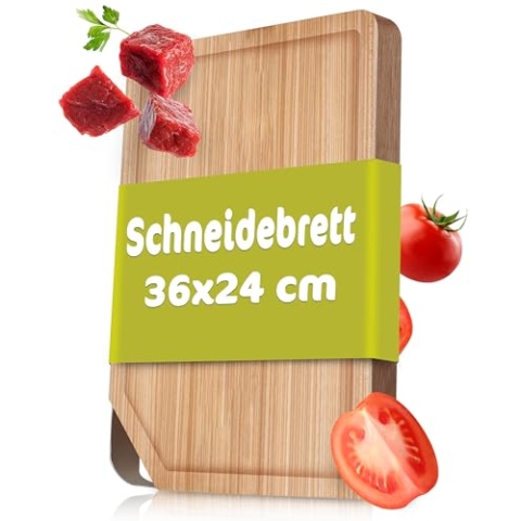 RÖSLE Schneidebrett mit Edelstahlgriff, 36x24 cm, Hochwertiges Schneidebrett Holz aus robustem Ulmenholz, Holzschneidebrett für universellen Einsatz, rutschfestes Küchenbrett und Servierbrett