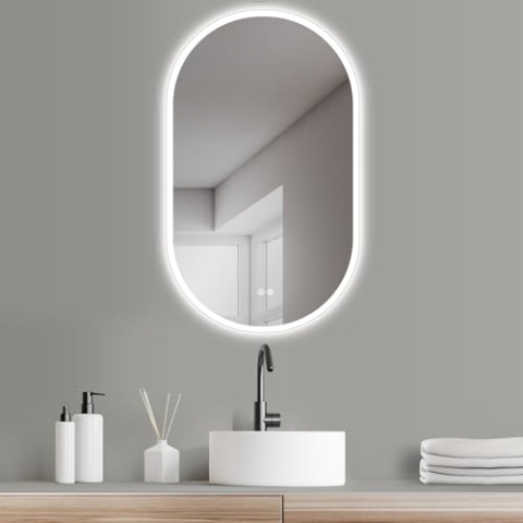 HOKO Design ANTIBESCHLAG Badezimmer Spiegel oval 50 x 90 cm. HOCH + QUER Montage möglich. Großer LED Badspiegel ohne Rahmen. Mit 2 Touch Schalter + LED Licht Wechsel - Warmweiß - Kaltweiß - Neutral