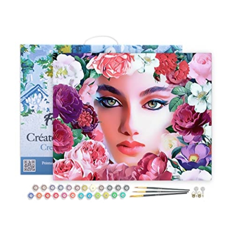 Figured'Art Malen Nach Zahlen Erwachsene Mit Rahmen Gesicht und Blumen - Paint by Numbers Basteln DIY Bastelset 40x50cm Leinwand gespannt auf Holzrahmen