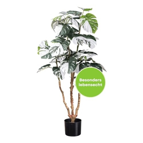CREATIV green Monstera Pflanze künstlich 110cm I künstliche Monstera Deliciosa Variegata mit Erde & Topf in schwarz I täuschend echte Kunstpflanzen I Pflegeleichte Kunstpflanze mit 38 Blättern