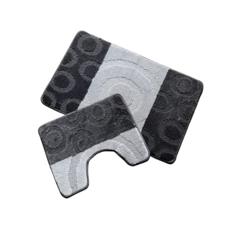 oKu-Tex Design Badematte Antirutsch Set 2 Teilig, rutschfest & waschbar, Badvorleger 50 x 80 cm für das Badezimmer, WC Vorleger mit Ausschnitt 40 x 50 cm, Anthrazit, Grau, Kreise, Ringe, gestreift