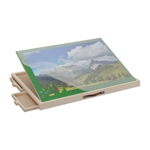 Relaxdays Puzzlebrett mit 4 Schubladen, für Puzzle bis 1000 Teile, neigbar, Holz Puzzlematte, Puzzleplateau, natur/grün