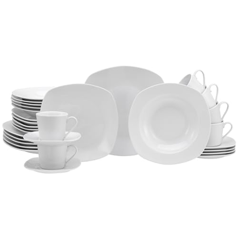 Creatable, 19512, Serie Amelie Weiss, Geschirrset aus Porzellan, Kombiservice 30 teilig, Geschirr für 6 Personen, spülmaschinengeeignet, mikrowellengeeignet