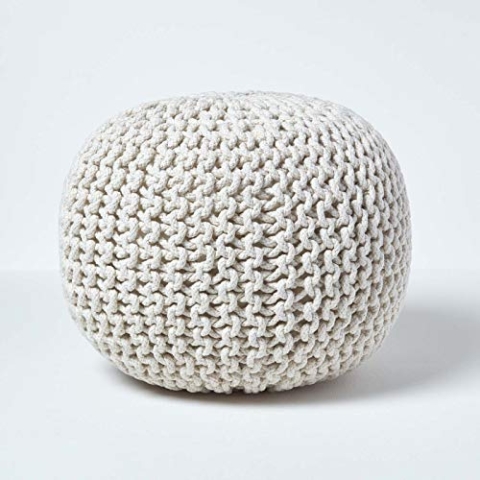 Homescapes Pouf Strickpouf rundes Bodenkissen, Sitzpouf 35 x 40 cm, gepolsterter Sitzhocker, Sitzpuff/Puff mit grob gestricktem Bezug aus 100% Baumwolle, Strickpuff, Natur/naturweiß
