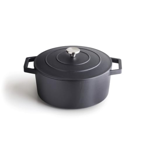 Qulinart by Brandt - Bräter Rund Individuell 28 cm - Inhalt 6,8 l - Deckel aus Gusseisen mit Knopf aus Edelstahl - Induktionsgeeignete - Backofenfest - Mattschwarz