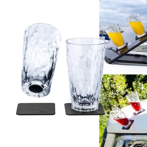 silwy® HIGH-TECH-Kunststoff-Magnet-Gläser inkl. Metall-Nano-Gel-Pads – rutschfeste Campinggläser, Boot- und Yachtzubehör (Longdrink // 0,3 l // 2er Set)