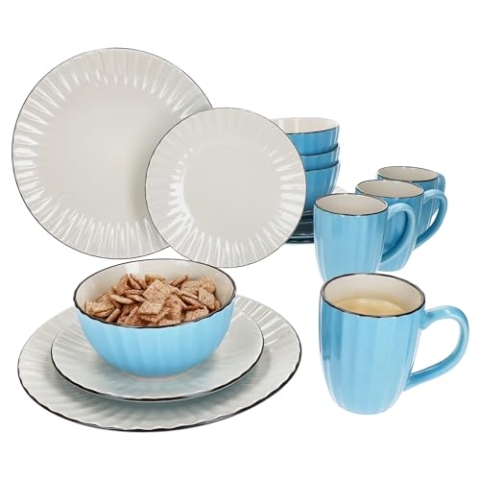 MÄSER OSITA Hellblau 16tlg Kombiservice für 4 Personen I blau & cremefarbenes Steingut-Geschirrset mit je 4X Kaffeebechern 300ml, Schalen 450ml, Kuchenteller & Speiseteller I mit Relief