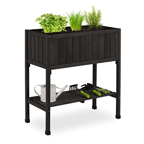 Relaxdays Hochbeet, Folie, Ablage, HxBxT: 80 x 74 x 38 cm, Garten, Balkon & Terrasse, Pflanztisch, Tannenholz, schwarz, Holz, Kunststoff
