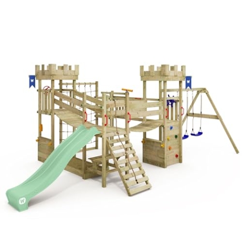 WICKEY Spielturm Ritterburg Smart Arch mit Schaukel & Pastellgrüner Rutsche, Outdoor Kinder Kletterturm mit Sandkasten, Leiter & Spiel-Zubehör für den Garten