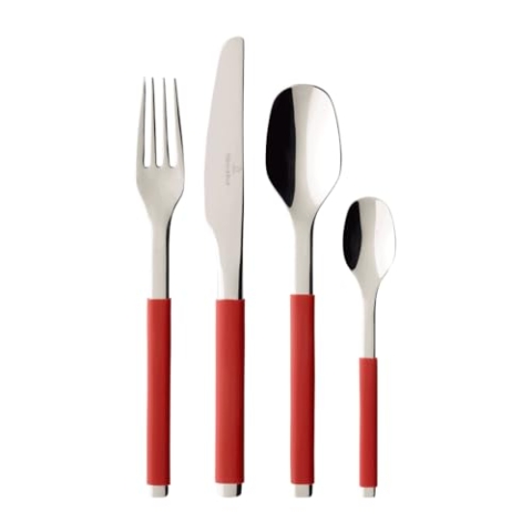 Villeroy und Boch - S+ Cranberry Tafelbesteck 24tlg., hochwertiges Edelstahlbesteck mit Silikongriff für bis zu 6 Personen, spülmaschinenfest, rot