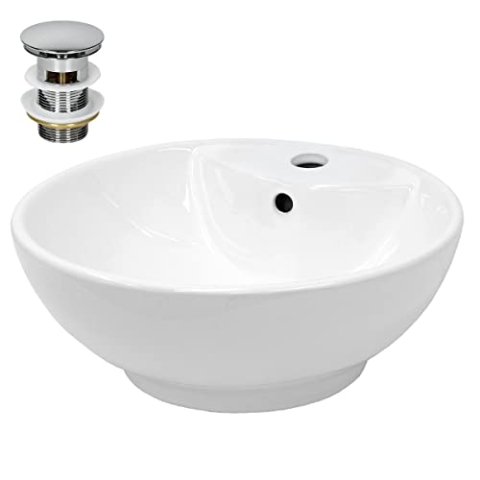 ECD Germany Design Waschbecken Waschtisch Ø 455 x 185 mm inkl. Ablaufgarnitur für Waschbecken mit Überlauf - Keramik Rund Weiß Aufsatzbecken Aufsatzwaschbecken Waschschale Aufsatzwaschtisch Spülbecken