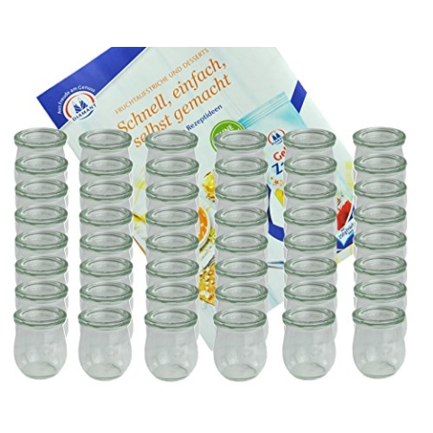 MamboCat 48er Set Weck Gläser 220 ml Tulpengläser mit 48 Glasdeckeln incl. Diamant-Zucker Gelierzauber Rezeptheft I Weck Tulpenglas Dessertglas I Einweckgläser mit Deckel für Obst Gemüse UVM