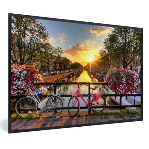 MuchoWow Poster Bilder Wanddeko Deko Wohnzimmer 90x60 cm Amsterdam - Blumen - Brücke - Fahrrad - Sonnenuntergang
