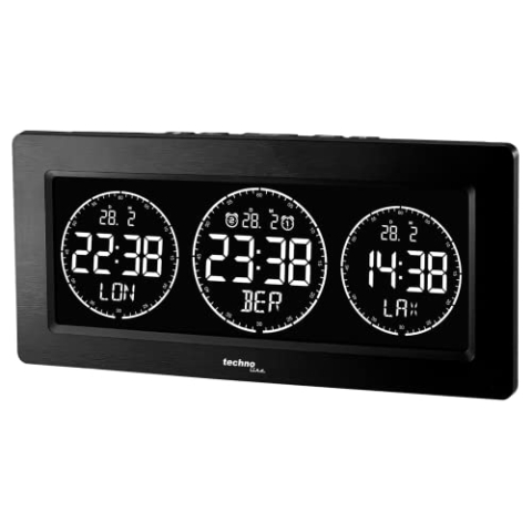 Technoline Digitale Weltzeituhr, 3 Zeitanzeigen, frei programmierbar (lassen Sie sich Ihren Wohnort Anzeigen), LED Display, Netzteil, schwarz
