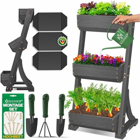 KESSER® Hochbeet mit 3 Etagen Premium Blumenkasten Blumentreppe Pflanztreppe Gemüsebeet Kräuterbeet Pflanzkübel Frühbeet Blumenbeet Pflanzkasten mit Gartenvlies - Beet inkl. Schaufelset, Anthrazit