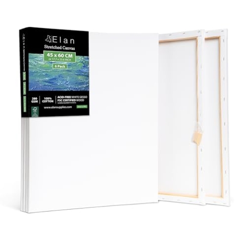Elan Keilrahmen Leinwand 45x60 6er Set, 100% Baumwolle Leinwand zum Bemalen, Leinwände für Acrylfarben 280GSM, Leinwände, Keilrahmen 45x60